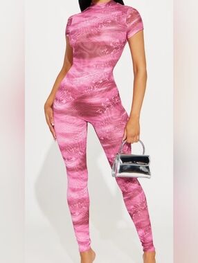 Fashion Nova Pink Tie-Dye Short Sleeve Jumpsuit